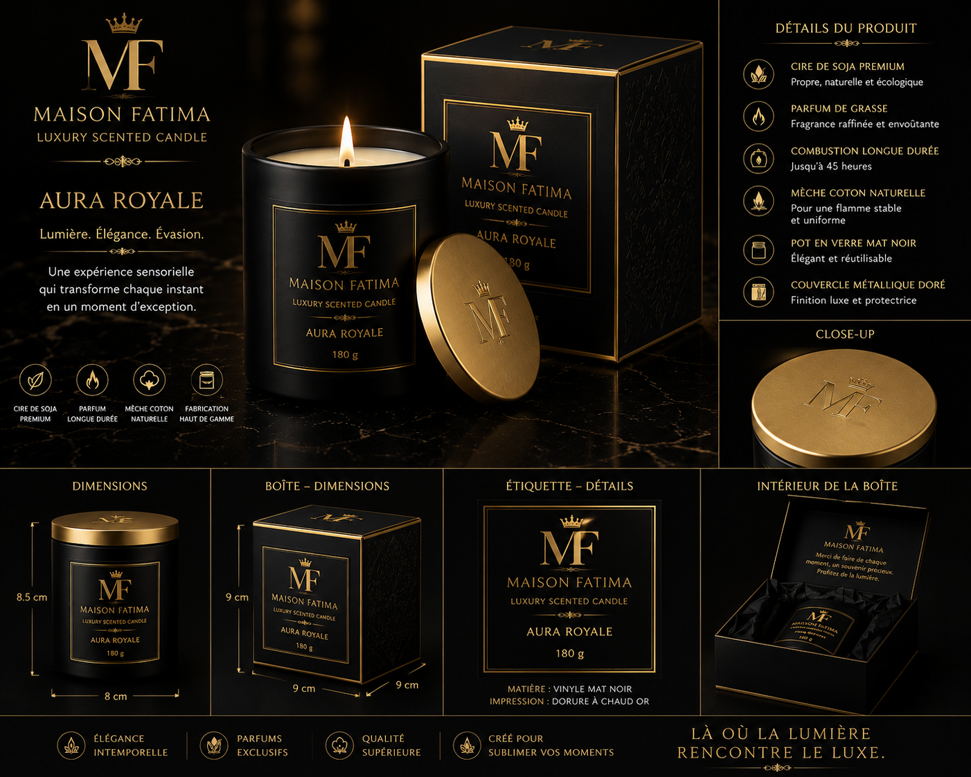 Maison Fatima Aura Royale Luxury Scented Candle – Premium Soy Wax – Long Lasting Home Fragrance – 180g